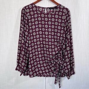 Halogen Side Cinch Hem Printed Lightweight Button Cuff Blouse Top Size S